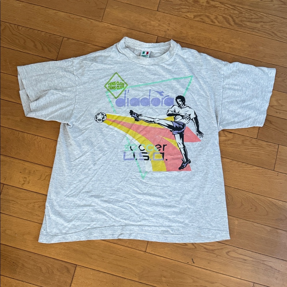 Vintage Diadora Light Gray Soccer Graphic Tee